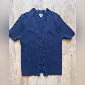 J. Crew Navy Ribbed Short-Sleeve Button Cardigan Sweater Sz Medium Preppy